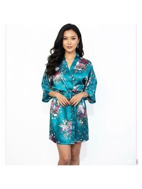 Kimono Style Women’s Short Belted Floral Satin Robe Sz Med